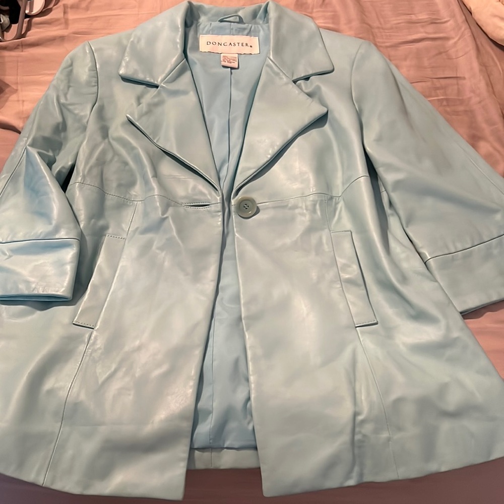 RARE Doncaster Leather Jacket Women 12 Robin Egg Blue Sky Spring Easter Blazer